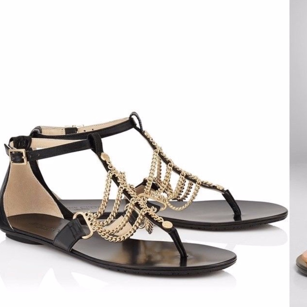JIMMY CHOO Black Wallace Tstrap Sandal Gold Chain